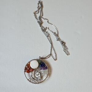 Silver Owl Pendant Necklace with Multicolor Stones